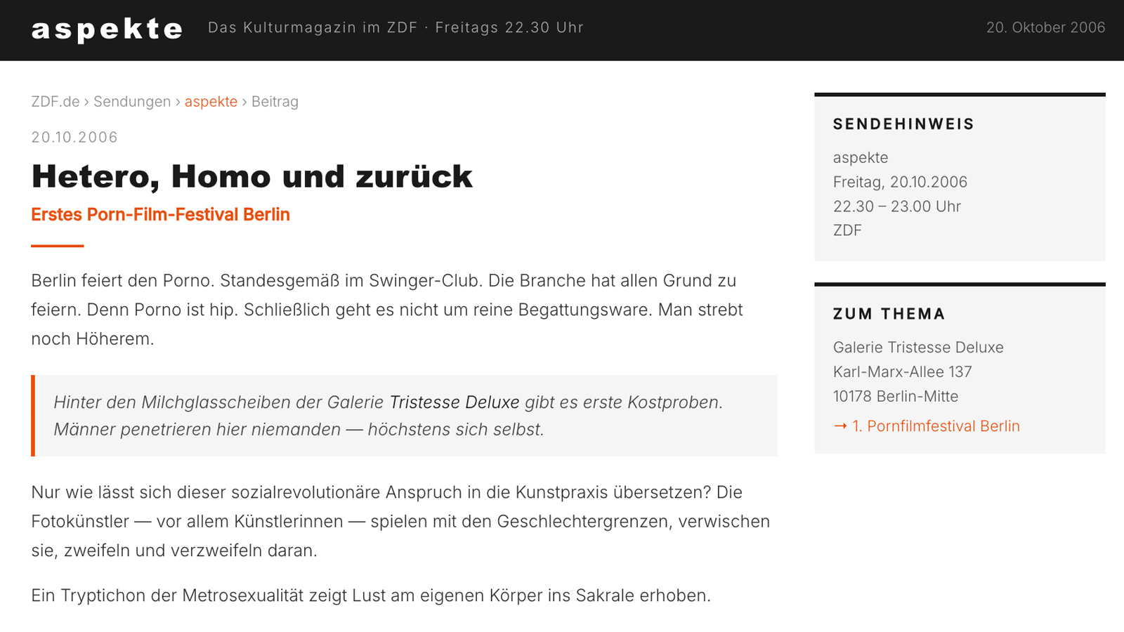 ZDF Aspekte — Galerie Tristesse Deluxe